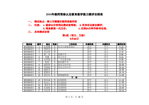 2010年教师资格认定教育教学能力测评安排表
