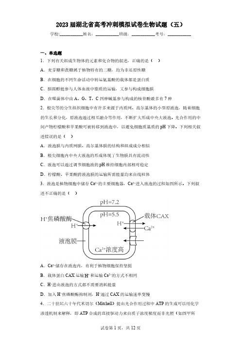 2023届湖北省高考冲刺模拟试卷生物试题(五)(含解析)