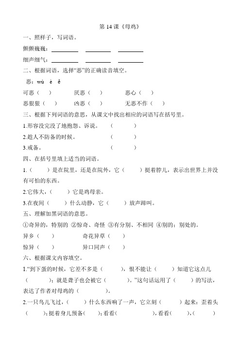部编版四年级语文下册第14课《母鸡》练习题附答案