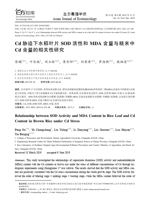 cd胁迫下水稻叶片sod活性和mda含量与糙米中cd含量的相关性研究