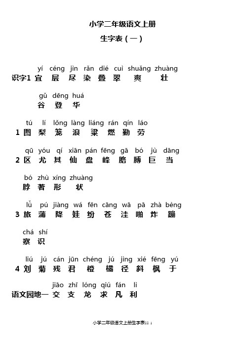 小学二年级语文上册生字表-注音