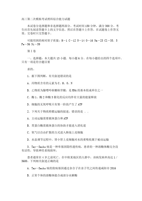 高三第二次模拟考试理科综合能力试题
