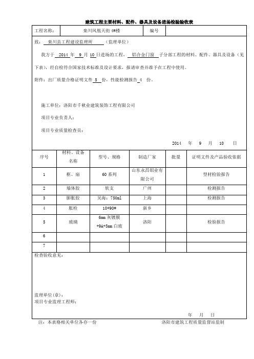 建筑工程主要材料、配件、器具及设备进场检验验收表