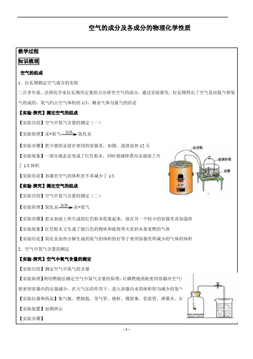 人教版九年级化学上册 空气的成分及各成分的物理化学性质 知识点总结及练习【答案】
