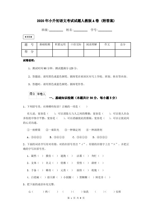 2020年小升初语文考试试题人教版A卷 (附答案)