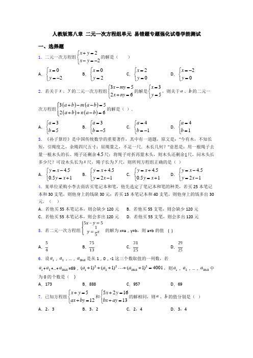 人教版第八章 二元一次方程组单元 易错题专题强化试卷学能测试