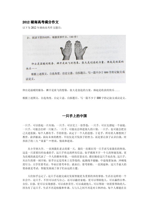 2012年湖南高考语文满分作文-一只手上的中国