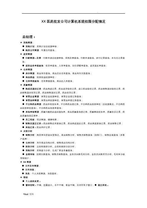 药品批发公司计算机权限分配情况