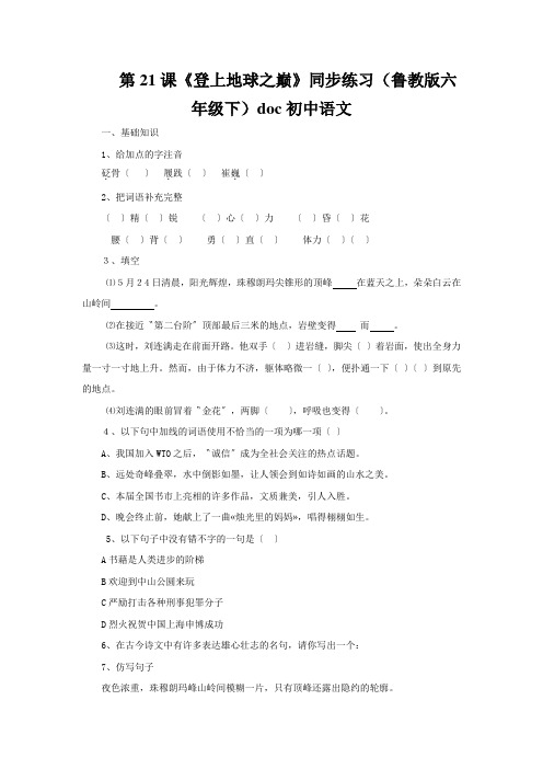 第21课《登上地球之巅》同步练习(鲁教版六年级下)doc初中语文