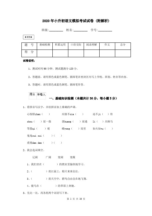 2020年小升初语文模拟考试试卷 (附解析)