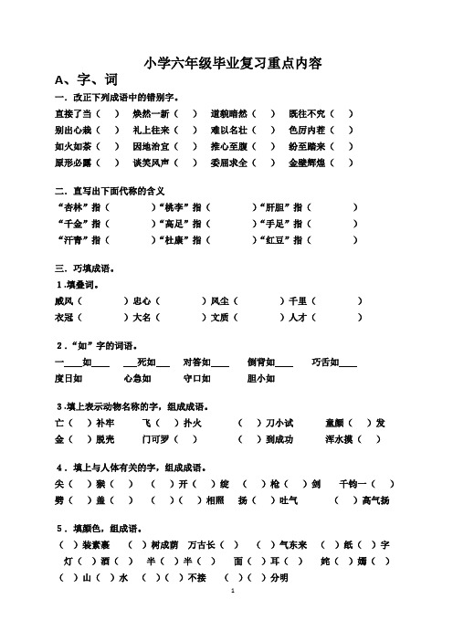 小升初六年级语文总复习资料完整版(附答案)