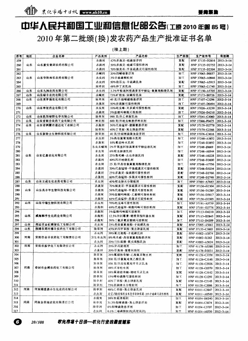 中华人民共和国工业和信息化部公告(工原2010年第85号)2010年第二批颁(换)发农药产品生产批准证书名
