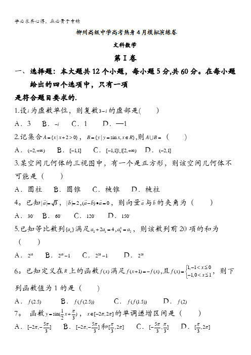 广西柳州高级中学2016届高三4月高考热身模拟演练数学(文)试题 含答案