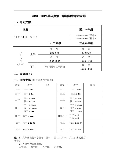 2018~2019第一学期期中考试安排