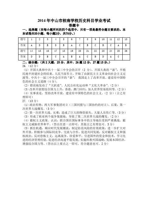 2014年九年级历史模拟试题答案