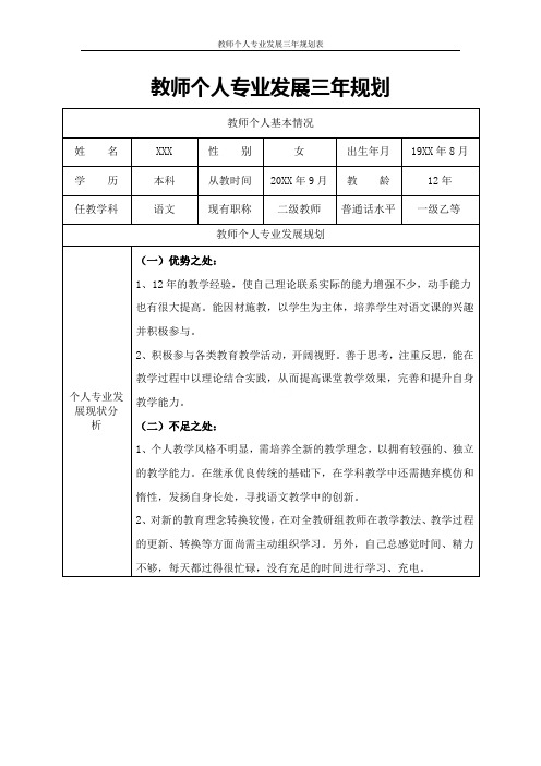 教师个人专业发展三年规划表