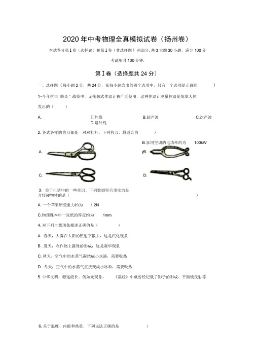 2020年江苏省中考物理全真模拟试卷(扬州卷)(学生版+解析版)