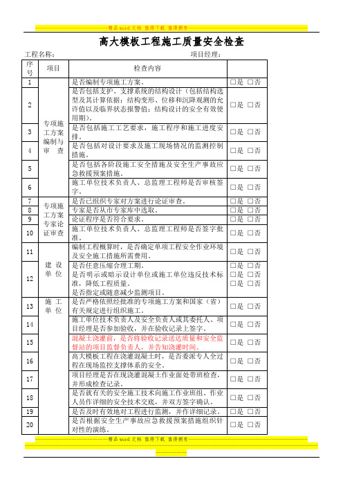 高大模板工程施工质量安全检查表1111