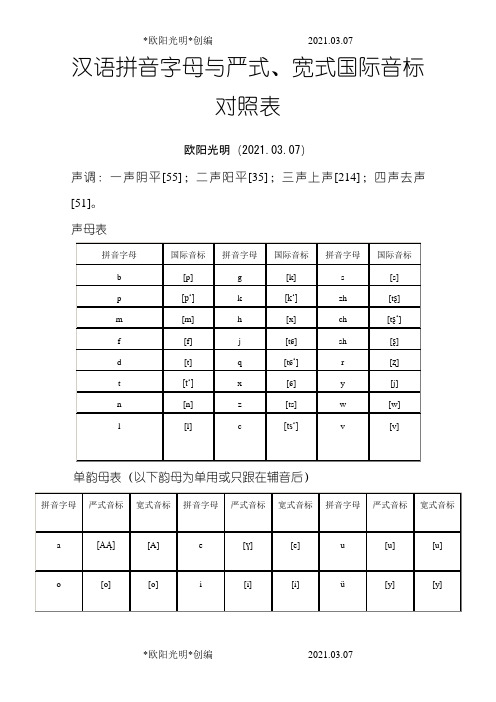 2021年严式、宽式国际音标与汉语拼音对照表之令狐采学创编