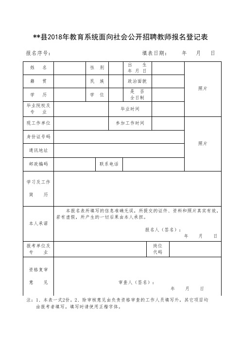 XX县2018年教育系统面向社会公开招聘教师报名登记表【模板】