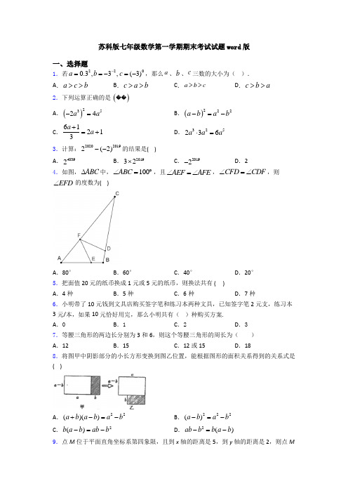 苏科版七年级数学第一学期期末考试试题word版