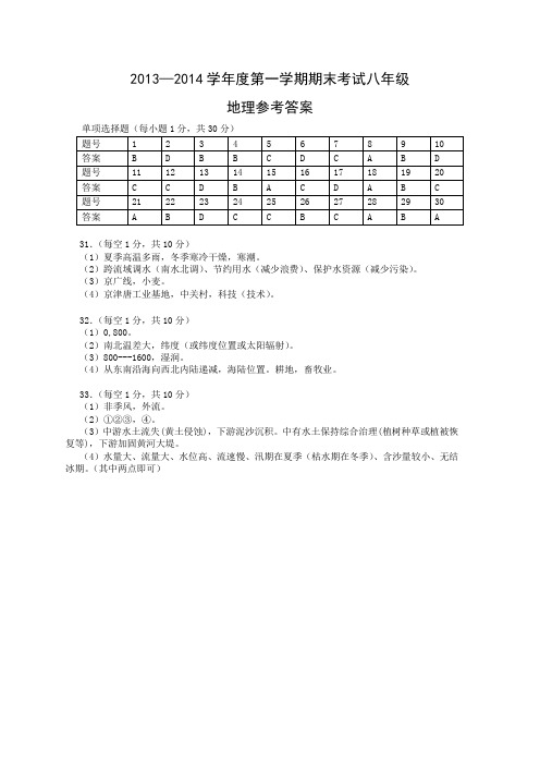 2013—2014第一学期八年级地理试题答案