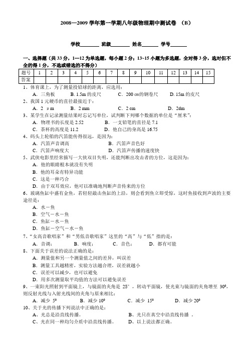 2008—2009学年第一学期八年级物理期中测试卷