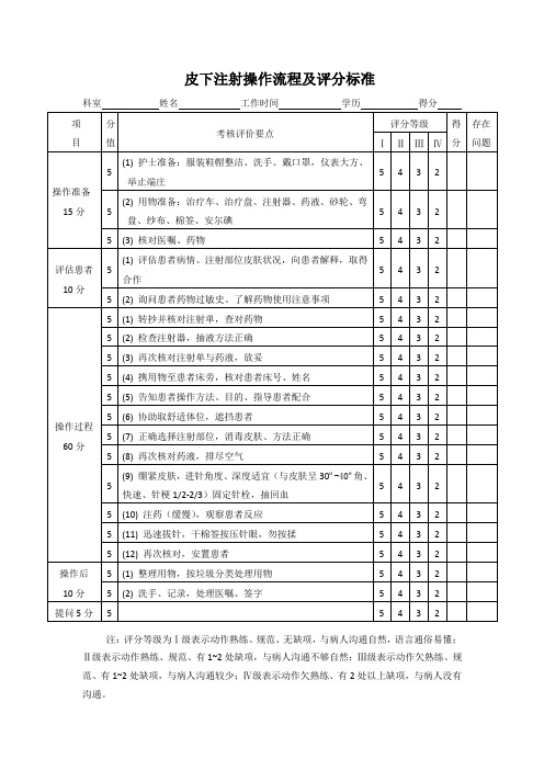 皮下注射操作流程及评分标准