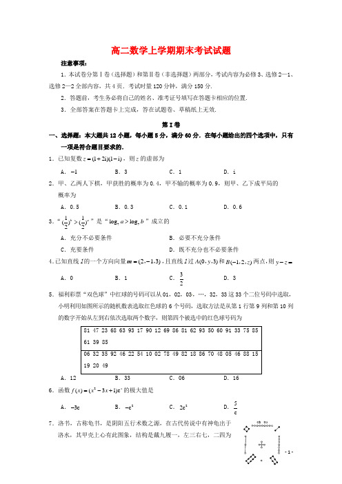 江苏省2020年高二数学上学期期末考试试题