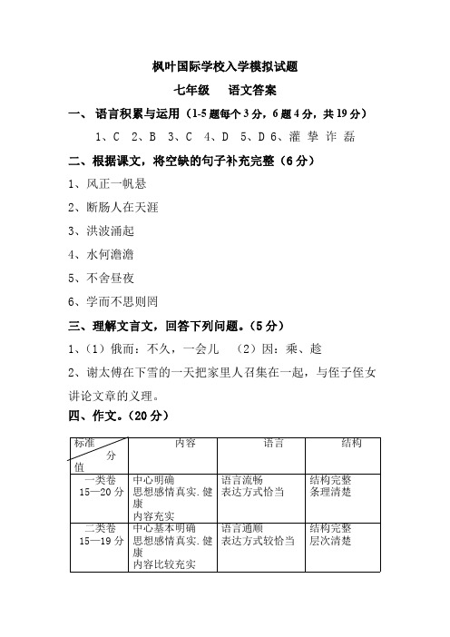 枫叶国际学校入学模拟考试 初一年级 语文 参考答案