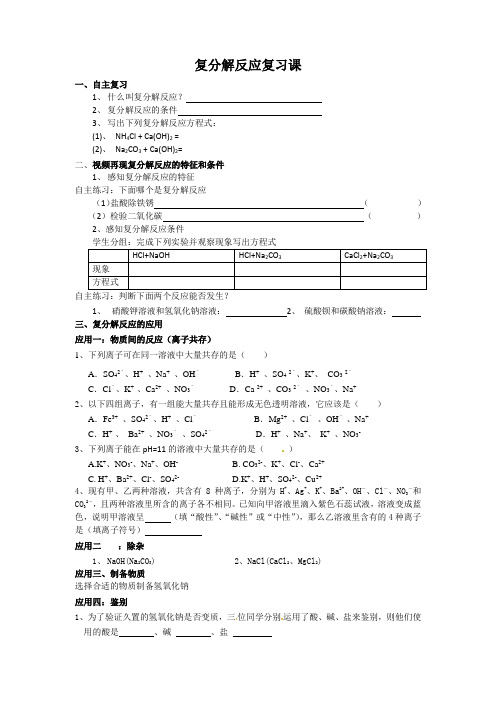人教版化学复习课：复分解反应复习课教案