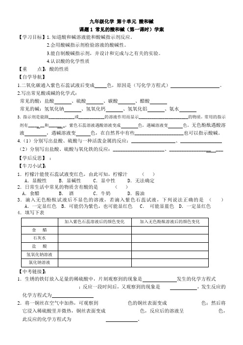人教版九年级化学酸和碱第一课时导学案