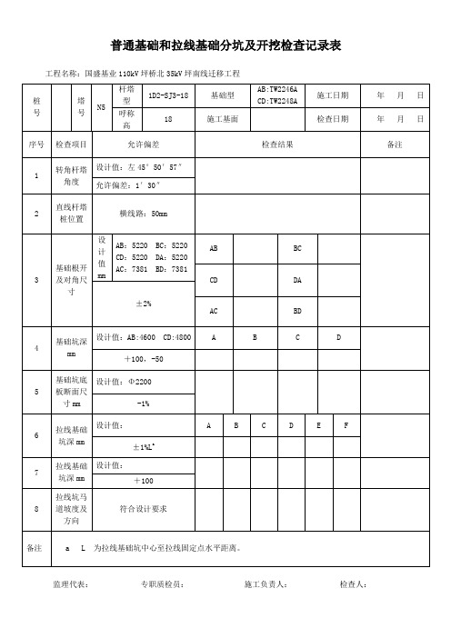 普通基础和拉线基础分坑及开挖检查记录表