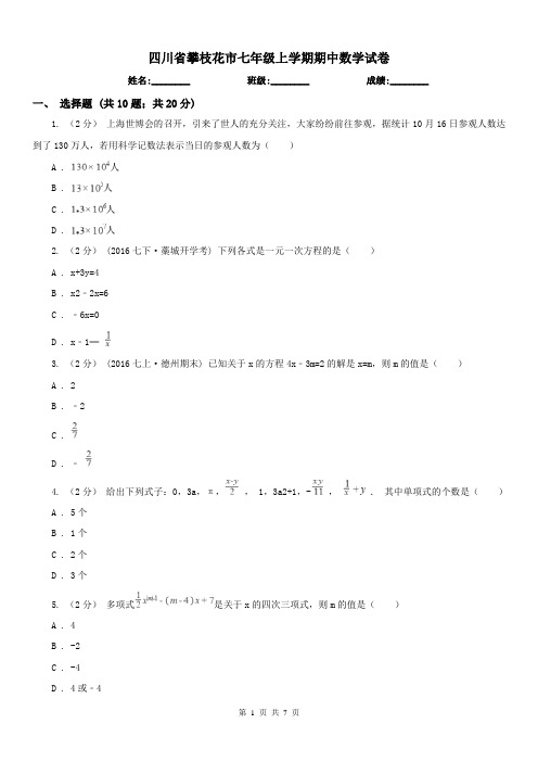 四川省攀枝花市七年级上学期期中数学试卷