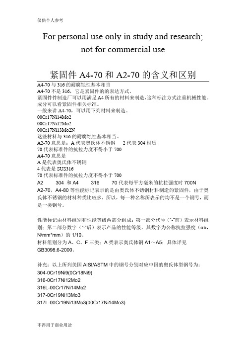 紧固件A4-70和A2-70的含义和区别