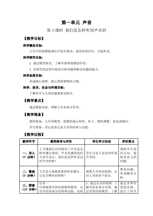 2020教科版四年级科学上册第一单元第4课《我们是怎样听到声音的》集体备课教案