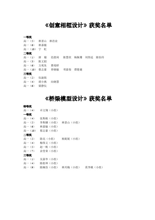 珠海四中第二届科技节获奖名单