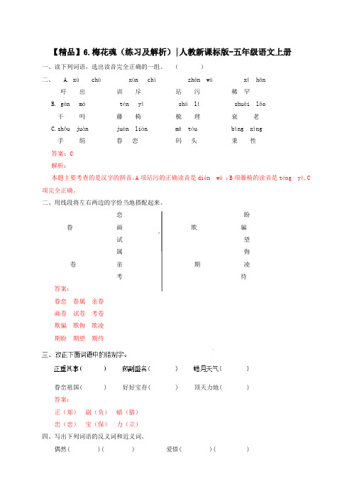 6.梅花魂(练习及解析)｜人教新课标版-五年级语文上册