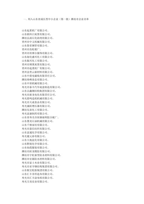 潍坊市成长型中小企业名单