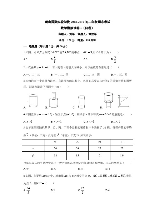 湖南四大名校内部资料2018-2019-2麓山八下期末考试-数学试卷