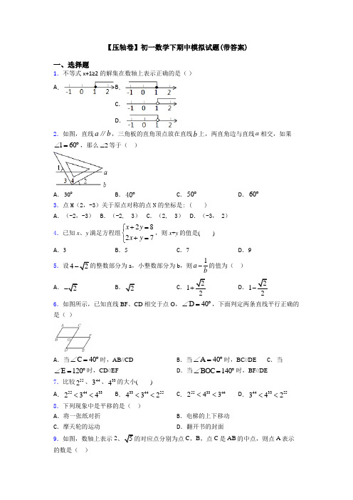 【压轴卷】初一数学下期中模拟试题(带答案)