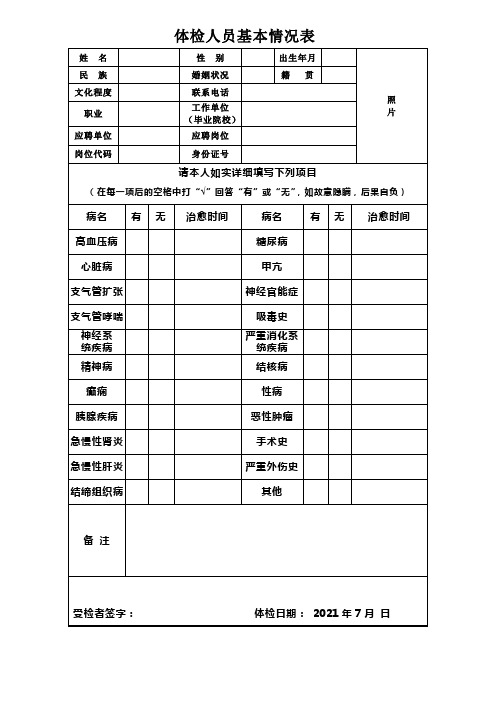 体检人员基本情况表
