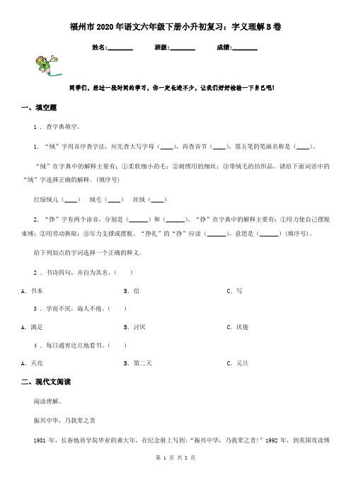 福州市2020年语文六年级下册小升初复习：字义理解B卷