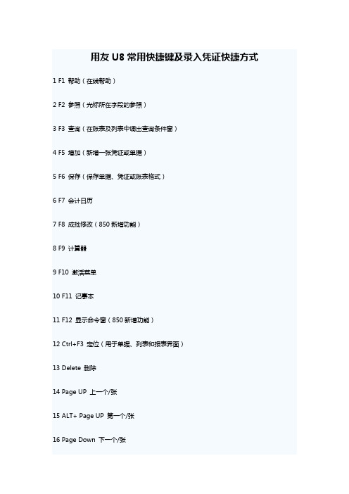 用友U8常用快捷键及录入凭证快捷方式