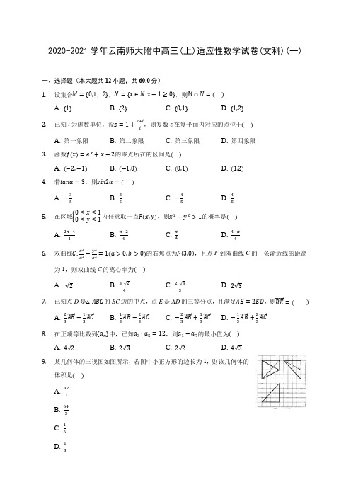 2020-2021学年云南师大附中高三(上)适应性数学试卷(文科)(一) (含解析)