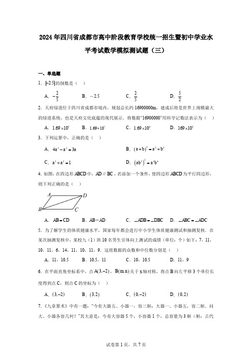 2024年四川省成都市高中阶段教育学校统一招生暨初中学业水平考试数学模拟测试题(三)