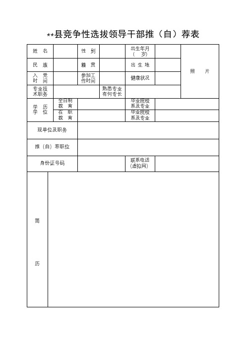 XX县竞争性选拔领导干部推(自)荐表【模板】