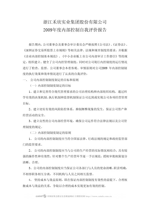 禾欣股份：2009年度内部控制自我评价报告 2010-03-02