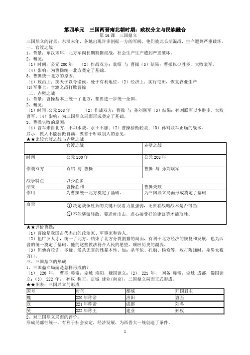 第四单元三国两晋南北朝时期知识点总结归纳