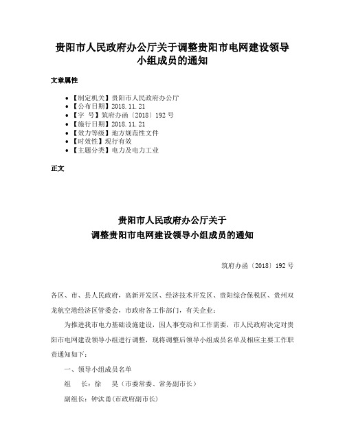 贵阳市人民政府办公厅关于调整贵阳市电网建设领导小组成员的通知